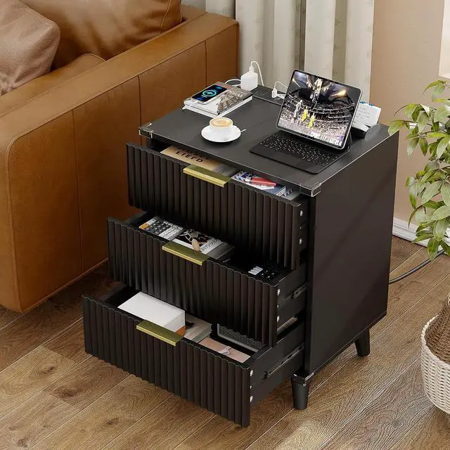 Alt view image 4 of 7 - Wood 3 Drawers Dresser Fluted Night Stand with Charging Station, Natural Nightstand 3 Storage Drawers Dresser Modern Side Table, Bedside Table for Bedroom