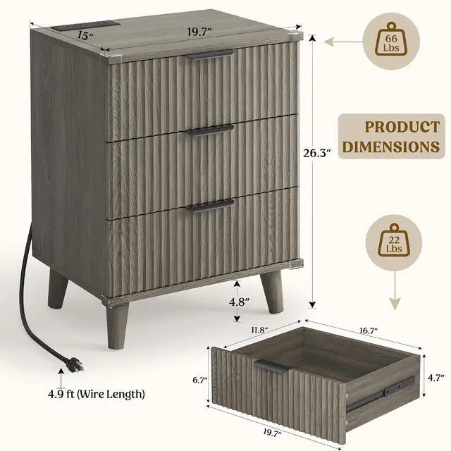 Alt view image 2 of 2 - Wood Night Stand Set 2 Fluted Dresser for Bedroom 3 Drawers End Tables Nightstand with Charging Station, Side Table Dark Grey Oak