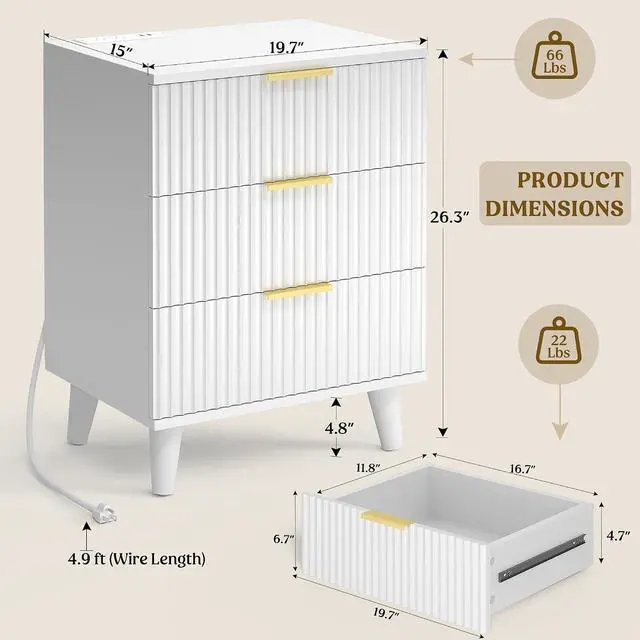 Alt view image 2 of 7 - Wood 3 Drawers Dresser Fluted Night Stand with Charging Station, White Storage Nightstand Modern Side Table, Bedside Table for Bedroom, Entryway White