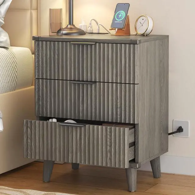 Main image of Wood 3 Drawers Fluted Night Stand with Charging Station, Storage Nightstand Modern End Table, Bedside Table for Bedroom, Living Room Dark Grey Oak