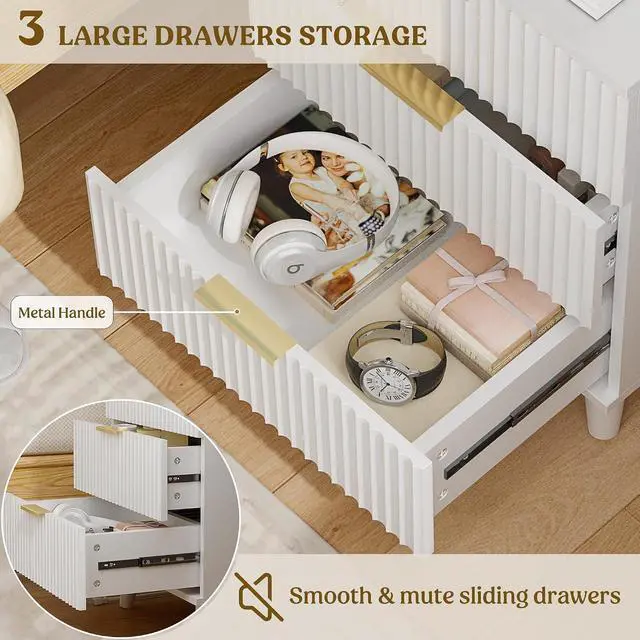 Alt view image 5 of 7 - Wood 3 Drawers Dresser Fluted Night Stand with Charging Station, White Storage Nightstand Modern Side Table, Bedside Table for Bedroom, Entryway White