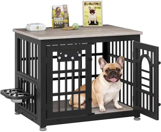 Main image of Dog Crate Furniture 31.5" Wooden Dog Kennel Table with Bowls Heavy Duty Dog Crates for Small/Medium/Large Dogs, Dog Kennel Furniture Indoor as TV Stand End Table,Grey