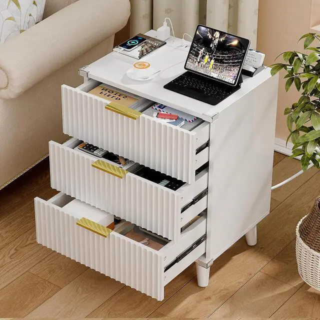 Alt view image 6 of 7 - Wood 3 Drawers Dresser Fluted Night Stand with Charging Station, White Storage Nightstand Modern Side Table, Bedside Table for Bedroom, Entryway White