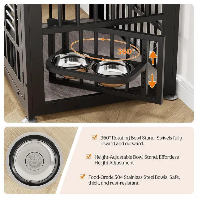 Alt view image 4 of 7 - Dog Crate Furniture 31.5" Wooden Dog Kennel Table with Bowls Heavy Duty Dog Crates for Small/Medium/Large Dogs, Dog Kennel Furniture Indoor as TV Stand End Table,Grey