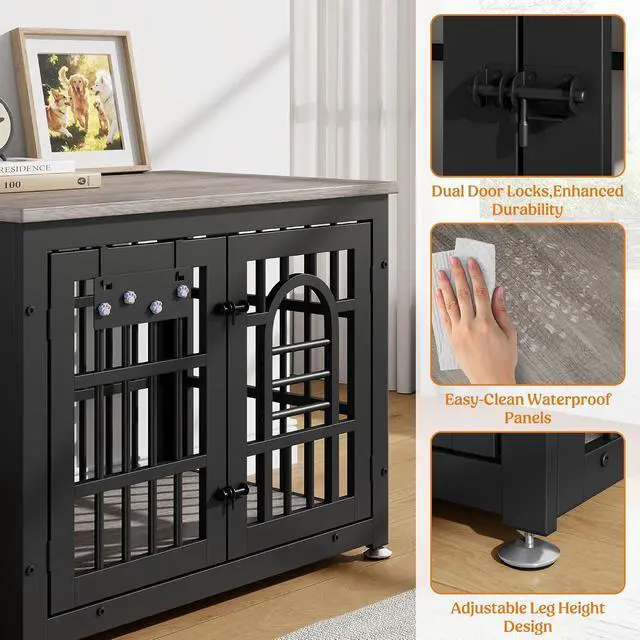 Alt view image 5 of 7 - Dog Crate Furniture 31.5" Wooden Dog Kennel Table with Bowls Heavy Duty Dog Crates for Small/Medium/Large Dogs, Dog Kennel Furniture Indoor as TV Stand End Table,Grey