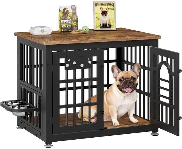 Main image of Dog Crate Furniture 31.5" Wooden Dog Kennel Table with Bowls Heavy Duty Dog Crates for Small/Medium/Large Dogs, Dog Kennel Furniture Indoor as TV Stand End Table,Brown