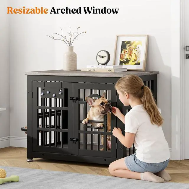 Alt view image 7 of 7 - Dog Crate Furniture 31.5" Wooden Dog Kennel Table with Bowls Heavy Duty Dog Crates for Small/Medium/Large Dogs, Dog Kennel Furniture Indoor as TV Stand End Table,Grey