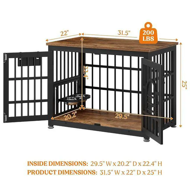 Alt view image 2 of 7 - Dog Crate Furniture 31.5" Wooden Dog Kennel Table with Bowls Heavy Duty Dog Crates for Small/Medium/Large Dogs, Dog Kennel Furniture Indoor as TV Stand End Table,Brown