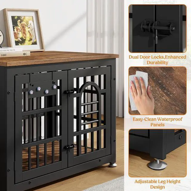 Alt view image 5 of 7 - Dog Crate Furniture 31.5" Wooden Dog Kennel Table with Bowls Heavy Duty Dog Crates for Small/Medium/Large Dogs, Dog Kennel Furniture Indoor as TV Stand End Table,Brown