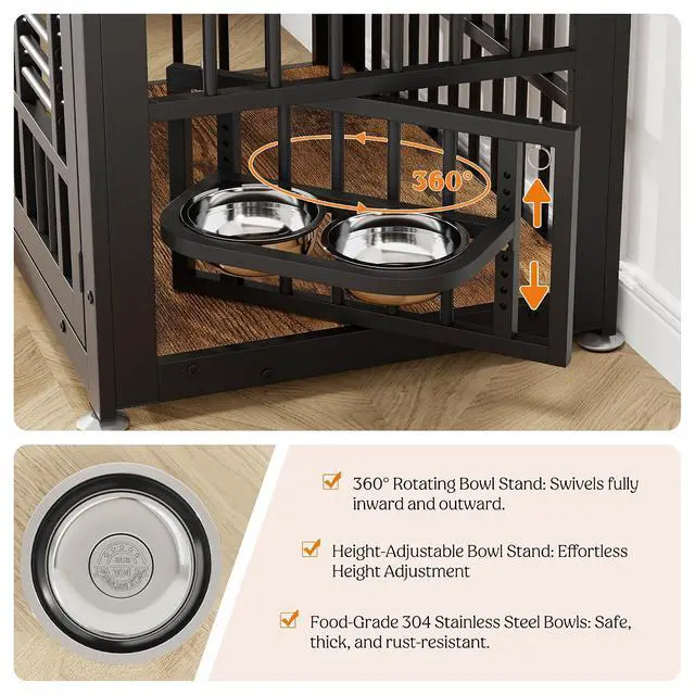 Alt view image 4 of 7 - Dog Crate Furniture 31.5" Wooden Dog Kennel Table with Bowls Heavy Duty Dog Crates for Small/Medium/Large Dogs, Dog Kennel Furniture Indoor as TV Stand End Table,Brown