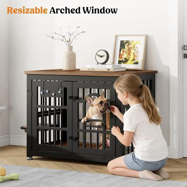 Alt view image 7 of 7 - Dog Crate Furniture 31.5" Wooden Dog Kennel Table with Bowls Heavy Duty Dog Crates for Small/Medium/Large Dogs, Dog Kennel Furniture Indoor as TV Stand End Table,Brown