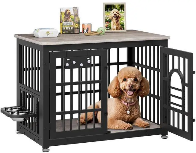 Main image of Dog Crate Furniture 37.8" Wooden Dog Kennel Table with Bowls Heavy Duty Dog Crates for Small/Medium/Large Dogs, Dog Kennel Furniture Indoor as TV Stand End Table,Grey