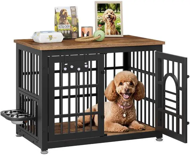 Main image of Large Dog Crate Furniture 37.8" Wooden Dog Kennel Table with Bowls Heavy Duty Dog Crates for Small/Medium/Large Dogs, Pet Cage Indoor as TV Stand End Table,Brown