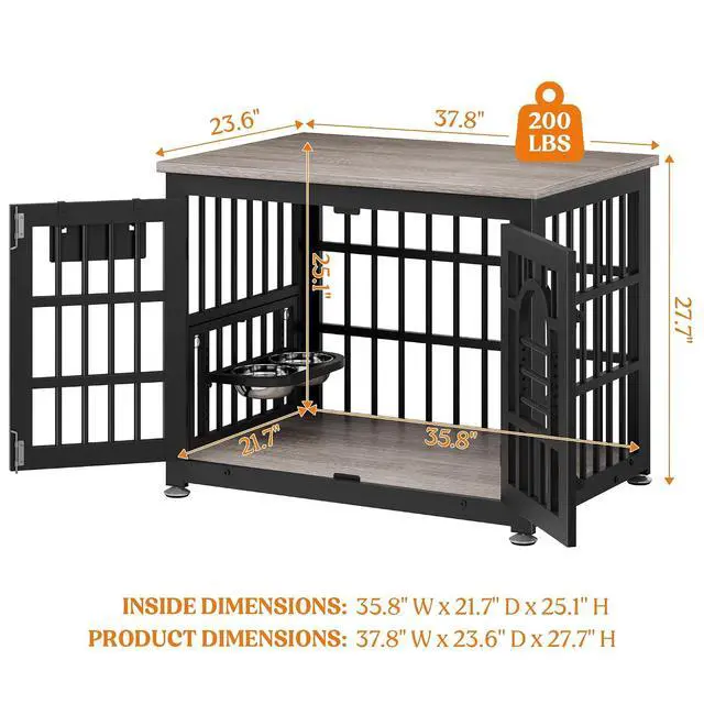 Alt view image 2 of 7 - Dog Crate Furniture 37.8" Wooden Dog Kennel Table with Bowls Heavy Duty Dog Crates for Small/Medium/Large Dogs, Dog Kennel Furniture Indoor as TV Stand End Table,Grey
