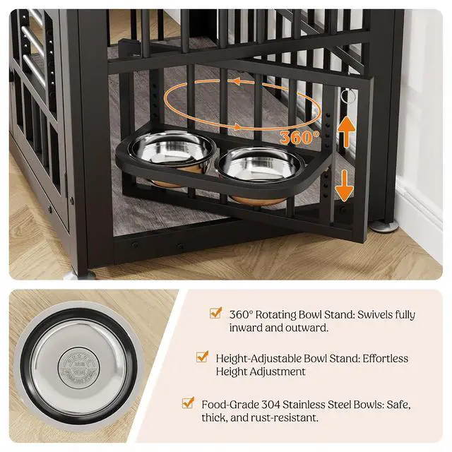 Alt view image 3 of 7 - Dog Crate Furniture 37.8" Wooden Dog Kennel Table with Bowls Heavy Duty Dog Crates for Small/Medium/Large Dogs, Dog Kennel Furniture Indoor as TV Stand End Table,Grey
