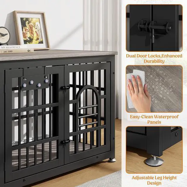 Alt view image 5 of 7 - Dog Crate Furniture 37.8" Wooden Dog Kennel Table with Bowls Heavy Duty Dog Crates for Small/Medium/Large Dogs, Dog Kennel Furniture Indoor as TV Stand End Table,Grey