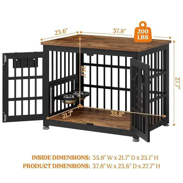 Alt view image 2 of 7 - Dog Crate Furniture 37.8" Wooden Dog Kennel Table with Bowls Heavy Duty Dog Crates for Small/Medium/Large Dogs, Dog Kennel Furniture Indoor as TV Stand End Table,Brown