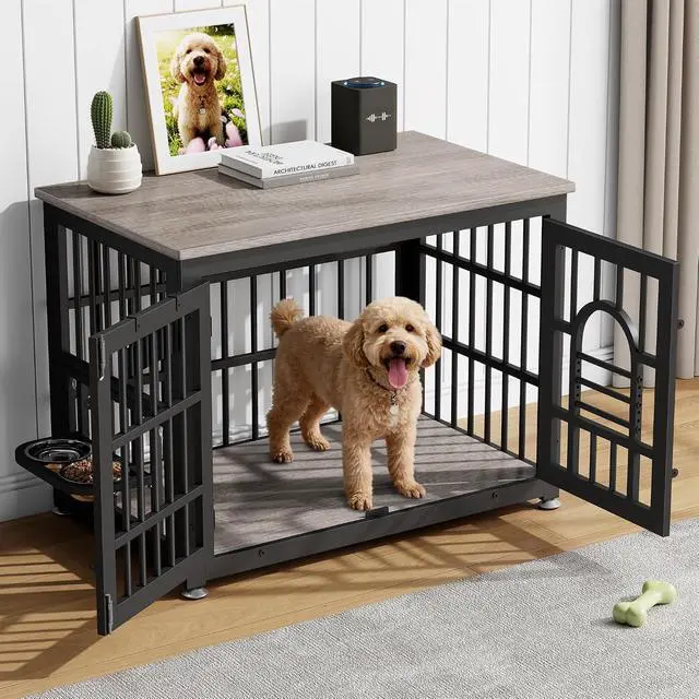 Alt view image 6 of 7 - Dog Crate Furniture 37.8" Wooden Dog Kennel Table with Bowls Heavy Duty Dog Crates for Small/Medium/Large Dogs, Dog Kennel Furniture Indoor as TV Stand End Table,Grey
