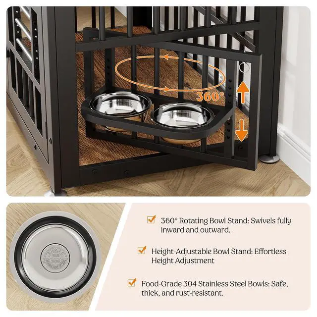 Alt view image 4 of 7 - Dog Crate Furniture 37.8" Wooden Dog Kennel Table with Bowls Heavy Duty Dog Crates for Small/Medium/Large Dogs, Dog Kennel Furniture Indoor as TV Stand End Table,Brown