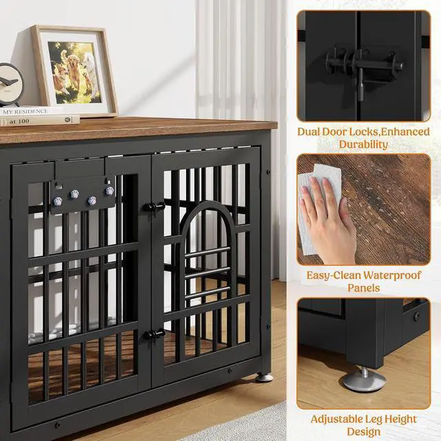 Alt view image 5 of 7 - Dog Crate Furniture 37.8" Wooden Dog Kennel Table with Bowls Heavy Duty Dog Crates for Small/Medium/Large Dogs, Dog Kennel Furniture Indoor as TV Stand End Table,Brown