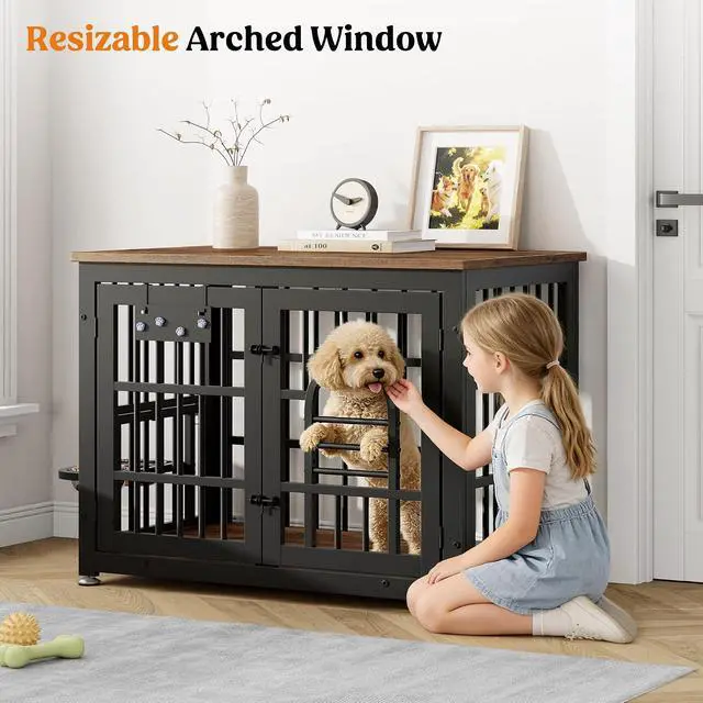 Alt view image 7 of 7 - Dog Crate Furniture 37.8" Wooden Dog Kennel Table with Bowls Heavy Duty Dog Crates for Small/Medium/Large Dogs, Dog Kennel Furniture Indoor as TV Stand End Table,Brown