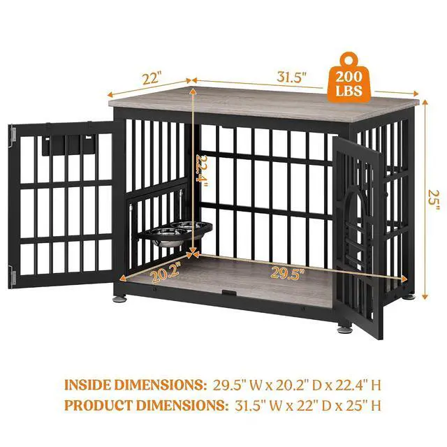 Alt view image 2 of 7 - Dog Crate Furniture 31.5" Wooden Dog Kennel Table with Bowls Heavy Duty Dog Crates for Small/Medium/Large Dogs, Dog Kennel Furniture Indoor as TV Stand End Table,Grey