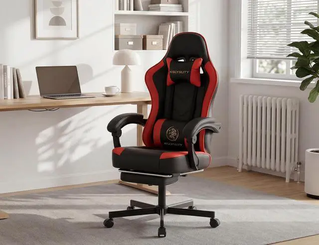 Alt view image 2 of 7 - Office Desk Computer Gaming Chair for Adults, Ergonomic High Back Gamer Chair with Massage and Pocket Spring Cushion, Swivel Comfy Video Game Chairs with Footrest and Lumbar Support (Black Red)