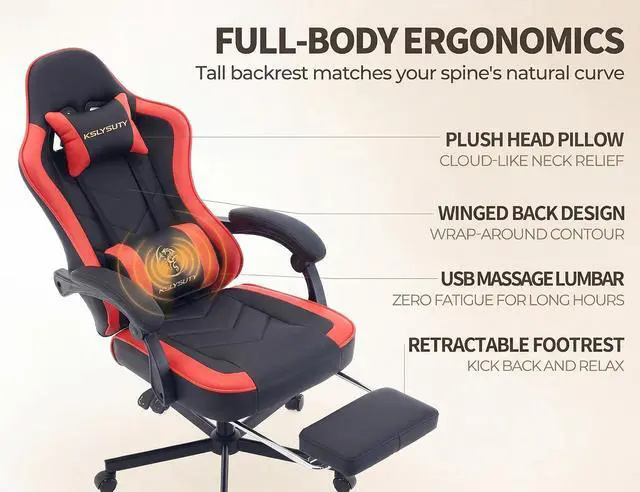 Alt view image 5 of 7 - Office Desk Computer Gaming Chair for Adults, Ergonomic High Back Gamer Chair with Massage and Pocket Spring Cushion, Swivel Comfy Video Game Chairs with Footrest and Lumbar Support (Black Red)
