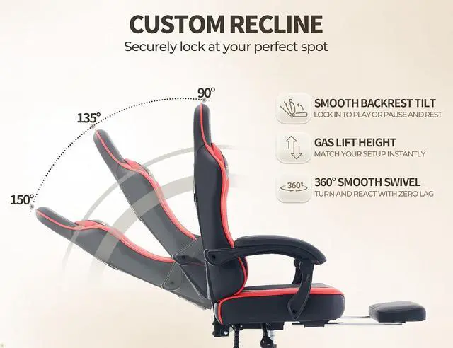 Alt view image 7 of 7 - Office Desk Computer Gaming Chair for Adults, Ergonomic High Back Gamer Chair with Massage and Pocket Spring Cushion, Swivel Comfy Video Game Chairs with Footrest and Lumbar Support (Black Red)