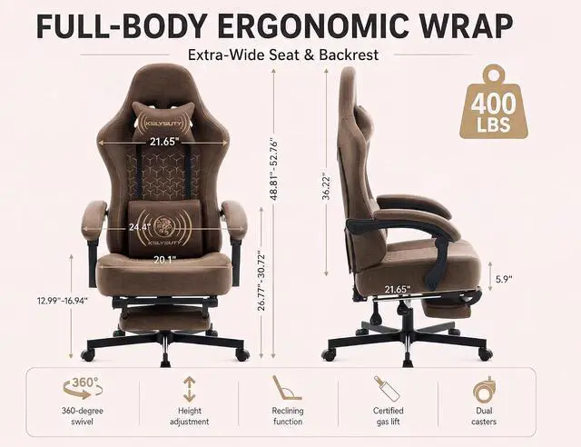 Alt view image 2 of 7 - Office Desk Computer Gaming Chair for Adults, Ergonomic High Back Gamer Chair with Massage and Pocket Spring Cushion, Swivel Comfy Video Game Chairs with Footrest and Lumbar Support (Pro Brown)