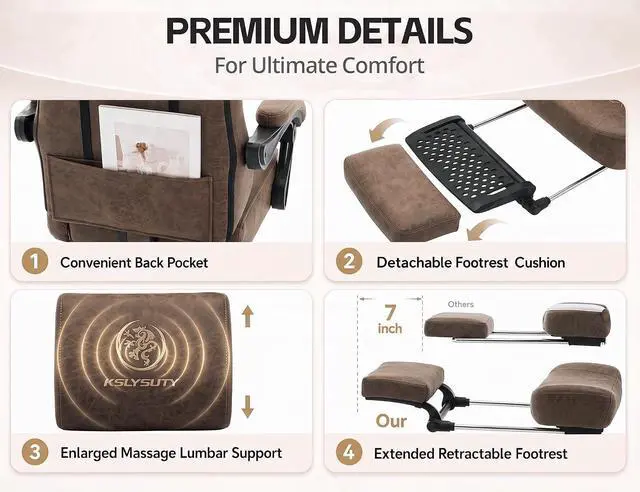 Alt view image 5 of 7 - Office Desk Computer Gaming Chair for Adults, Ergonomic High Back Gamer Chair with Massage and Pocket Spring Cushion, Swivel Comfy Video Game Chairs with Footrest and Lumbar Support (Pro Brown)