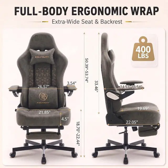 Alt view image 2 of 7 - Ergonomic Gaming Chair for Adults with Mechanical Arm Armrests, Big and Tall High Back Computer Desk Chair with Footrest & Lumbar Support, Comfortable PC Gamer Chair(Grey Leather)