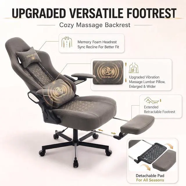 Alt view image 3 of 7 - Ergonomic Gaming Chair for Adults with Mechanical Arm Armrests, Big and Tall High Back Computer Desk Chair with Footrest & Lumbar Support, Comfortable PC Gamer Chair(Grey Leather)