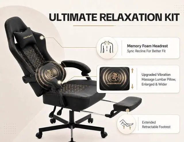 Alt view image 6 of 7 - Office Desk Computer Gaming Chair for Adults, Ergonomic High Back Gamer Chair with Massage and Pocket Spring Cushion, Swivel Comfy Video Game Chairs with Footrest and Lumbar Support (Pro Black)