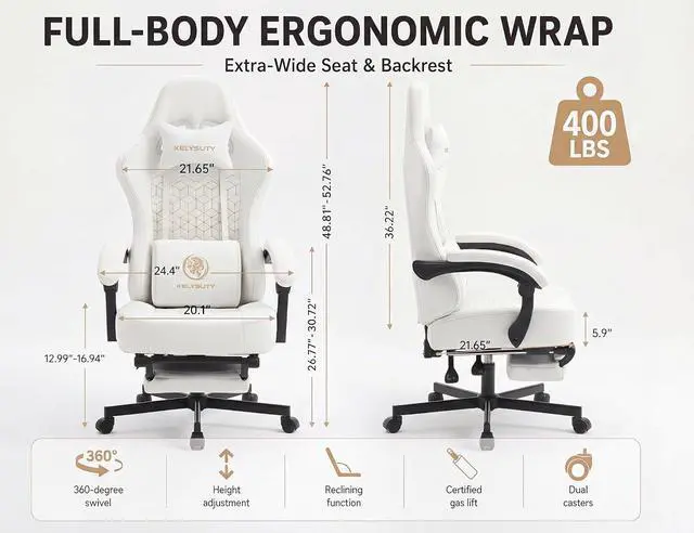 Alt view image 2 of 7 - Office Desk Computer Gaming Chair for Adults, Ergonomic High Back Gamer Chair with Massage and Pocket Spring Cushion, Swivel Comfy Video Game Chairs with Footrest and Lumbar Supporrt (Pro White)