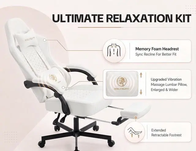 Alt view image 3 of 7 - Office Desk Computer Gaming Chair for Adults, Ergonomic High Back Gamer Chair with Massage and Pocket Spring Cushion, Swivel Comfy Video Game Chairs with Footrest and Lumbar Supporrt (Pro White)