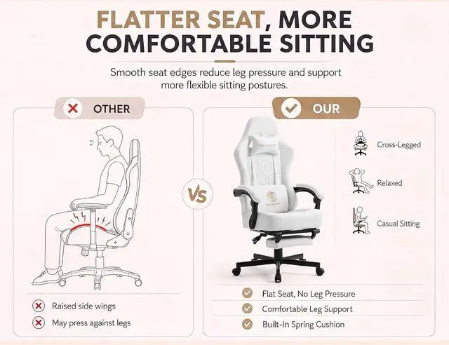 Alt view image 4 of 7 - Office Desk Computer Gaming Chair for Adults, Ergonomic High Back Gamer Chair with Massage and Pocket Spring Cushion, Swivel Comfy Video Game Chairs with Footrest and Lumbar Supporrt (Pro White)