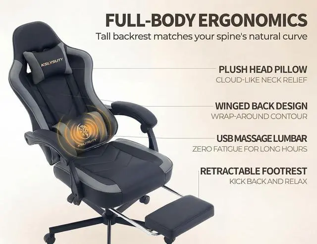 Alt view image 5 of 7 - Office Desk Computer Gaming Chair for Adults, Ergonomic High Back Gamer Chair with Massage and Pocket Spring Cushion, Swivel Comfy Video Game Chairs with Footrest and Lumbar Support (Black Grey)