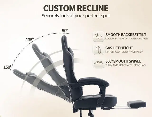 Alt view image 7 of 7 - Office Desk Computer Gaming Chair for Adults, Ergonomic High Back Gamer Chair with Massage and Pocket Spring Cushion, Swivel Comfy Video Game Chairs with Footrest and Lumbar Support (Black Grey)