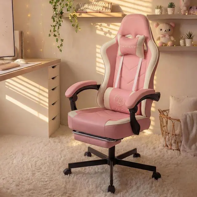 Alt view image 2 of 7 - Office Desk Computer Gaming Chair for Adults, Ergonomic High Back Gamer Chair with Massage and Pocket Spring Cushion, Swivel Comfy Video Game Chairs with Footrest and Lumbar Support (Pink White)