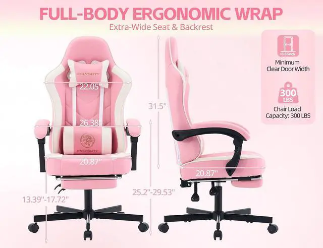 Alt view image 3 of 7 - Office Desk Computer Gaming Chair for Adults, Ergonomic High Back Gamer Chair with Massage and Pocket Spring Cushion, Swivel Comfy Video Game Chairs with Footrest and Lumbar Support (Pink White)