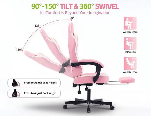 Alt view image 5 of 7 - Office Desk Computer Gaming Chair for Adults, Ergonomic High Back Gamer Chair with Massage and Pocket Spring Cushion, Swivel Comfy Video Game Chairs with Footrest and Lumbar Support (Pink White)