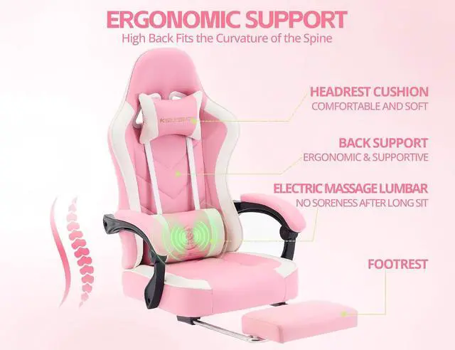 Alt view image 6 of 7 - Office Desk Computer Gaming Chair for Adults, Ergonomic High Back Gamer Chair with Massage and Pocket Spring Cushion, Swivel Comfy Video Game Chairs with Footrest and Lumbar Support (Pink White)
