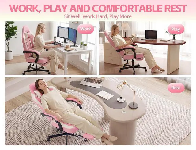 Alt view image 7 of 7 - Office Desk Computer Gaming Chair for Adults, Ergonomic High Back Gamer Chair with Massage and Pocket Spring Cushion, Swivel Comfy Video Game Chairs with Footrest and Lumbar Support (Pink White)