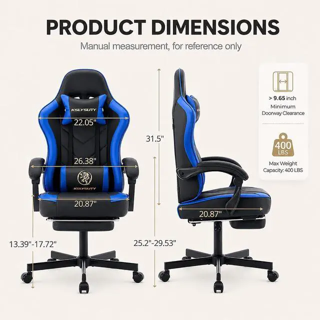 Alt view image 3 of 7 - Office Desk Computer Gaming Chair for Adults, Ergonomic High Back Gamer Chair with Massage and Pocket Spring Cushion, Swivel Comfy Video Game Chairs with Footrest and Lumbar Support (Black Blue)