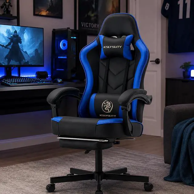 Alt view image 2 of 7 - Office Desk Computer Gaming Chair for Adults, Ergonomic High Back Gamer Chair with Massage and Pocket Spring Cushion, Swivel Comfy Video Game Chairs with Footrest and Lumbar Support (Black Blue)