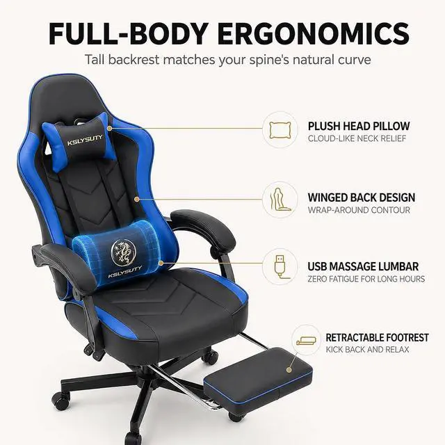 Alt view image 4 of 7 - Office Desk Computer Gaming Chair for Adults, Ergonomic High Back Gamer Chair with Massage and Pocket Spring Cushion, Swivel Comfy Video Game Chairs with Footrest and Lumbar Support (Black Blue)