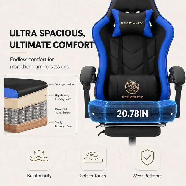 Alt view image 5 of 7 - Office Desk Computer Gaming Chair for Adults, Ergonomic High Back Gamer Chair with Massage and Pocket Spring Cushion, Swivel Comfy Video Game Chairs with Footrest and Lumbar Support (Black Blue)