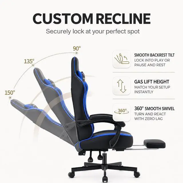 Alt view image 6 of 7 - Office Desk Computer Gaming Chair for Adults, Ergonomic High Back Gamer Chair with Massage and Pocket Spring Cushion, Swivel Comfy Video Game Chairs with Footrest and Lumbar Support (Black Blue)