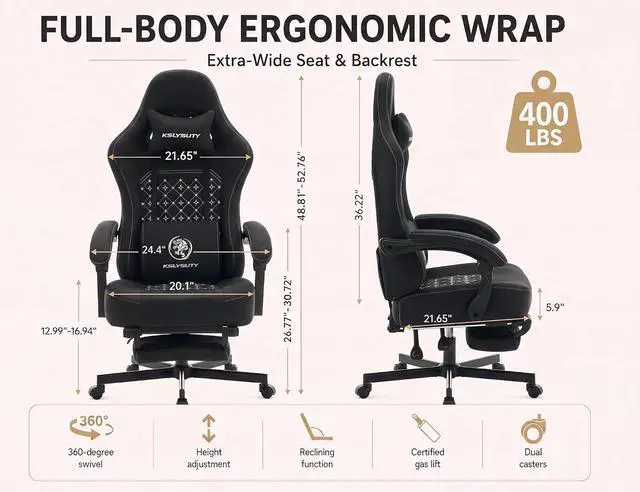 Alt view image 2 of 7 - Office Desk Computer Gaming Chair for Adults, Ergonomic High Back Gamer Chair with Massage and Pocket Spring Cushion, Swivel Comfy Video Game Chairs with Footrest and Lumbar Support (Pro Black)